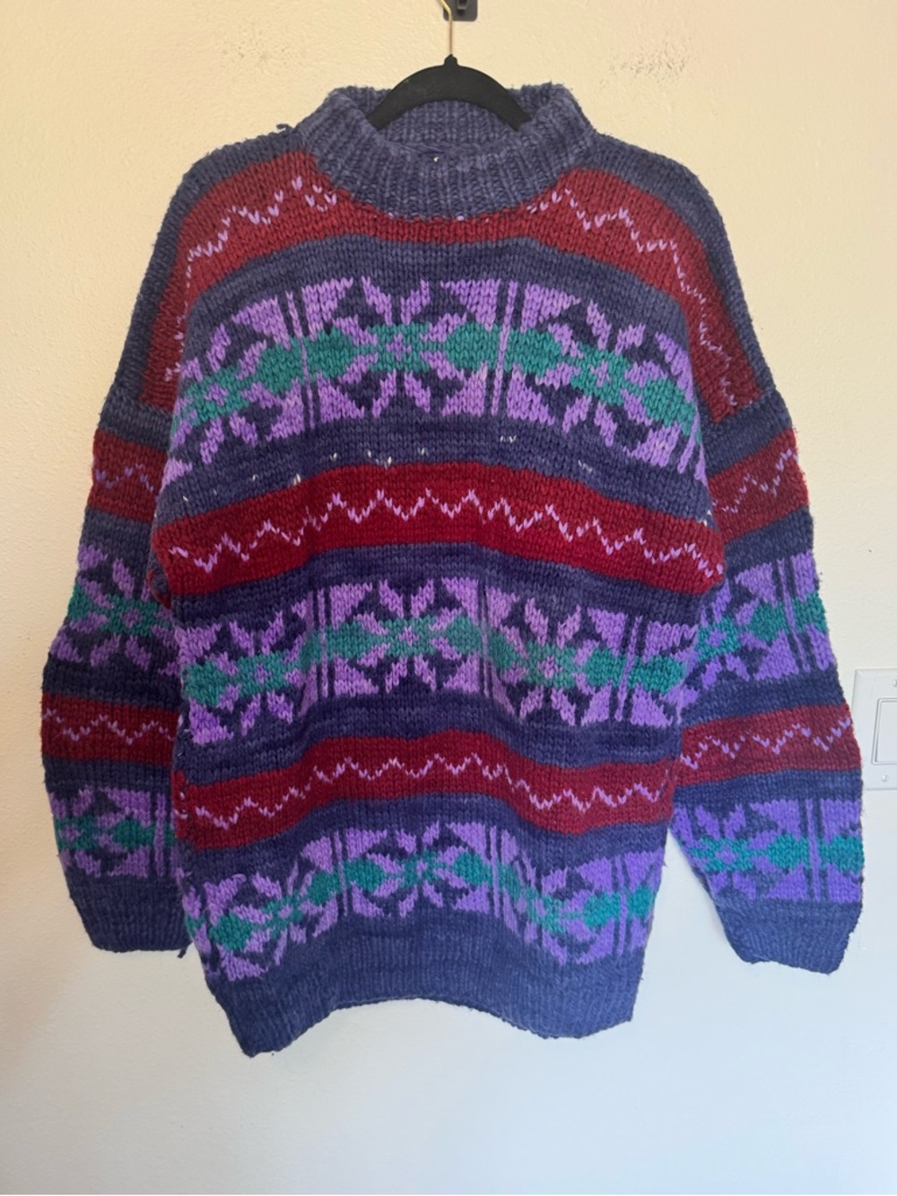 VTG Woolies Fair Isle Sweater Chunky Knit Colorful Purple Blue Size Large? EUC